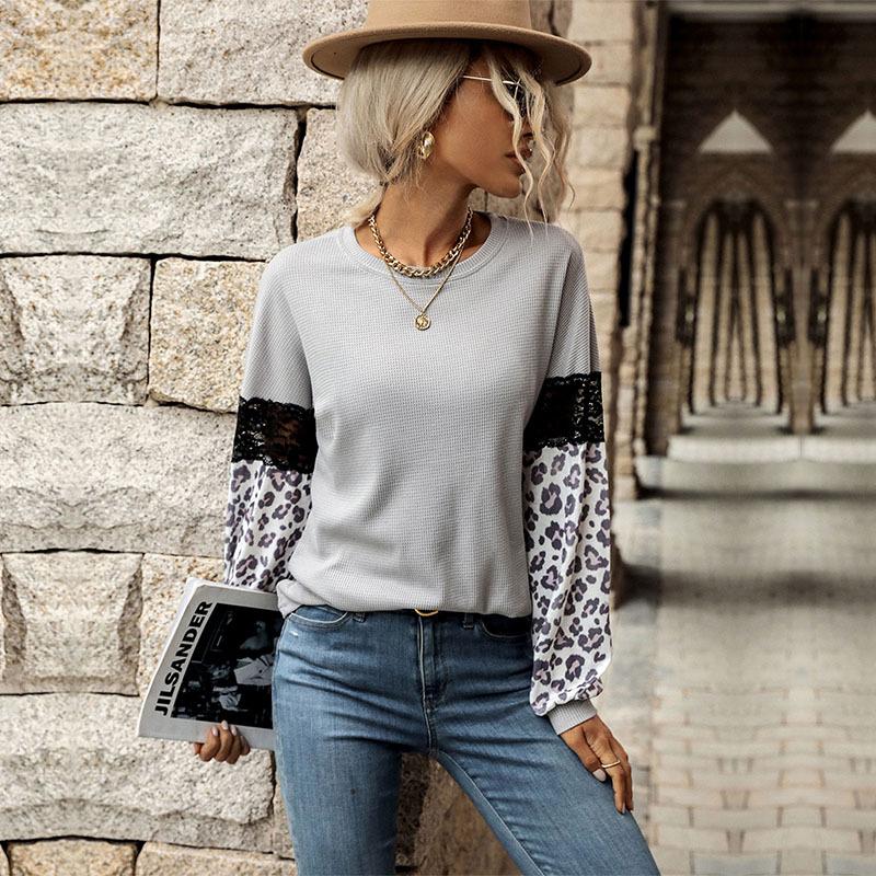 Tops Shirts Clothing Fashionable and Casual Temperament Autumn and Winter Splicing Tops Women Leopard Print Long-sleeved Color Clash Knit Shirt