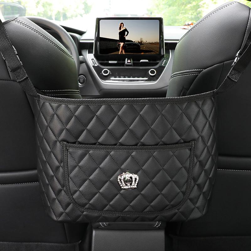 

Сумка для хранения центрального сиденья автомобиля Bling Crown со стразами, многофункциональная, из ромбовидной кожи, для подвешивания на спинку сиденья автомобиля, карман для сумки