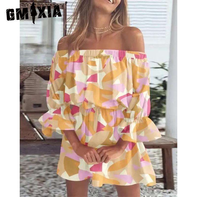

GMXIA Women s Fashion Summer Spring Solid Color Print 1/2 Sleeves One Shoulder High Waist Casual Dresses XXXL