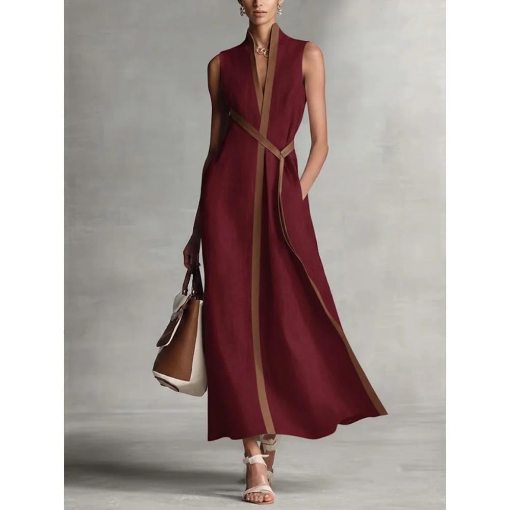Damen Standkragen Ärmellos Unifarben Kontrastbänder Wickelgürtel Leinenmischung Maxikleid Elegant Pendler Täglich Urlaub Langes Sommerkleid