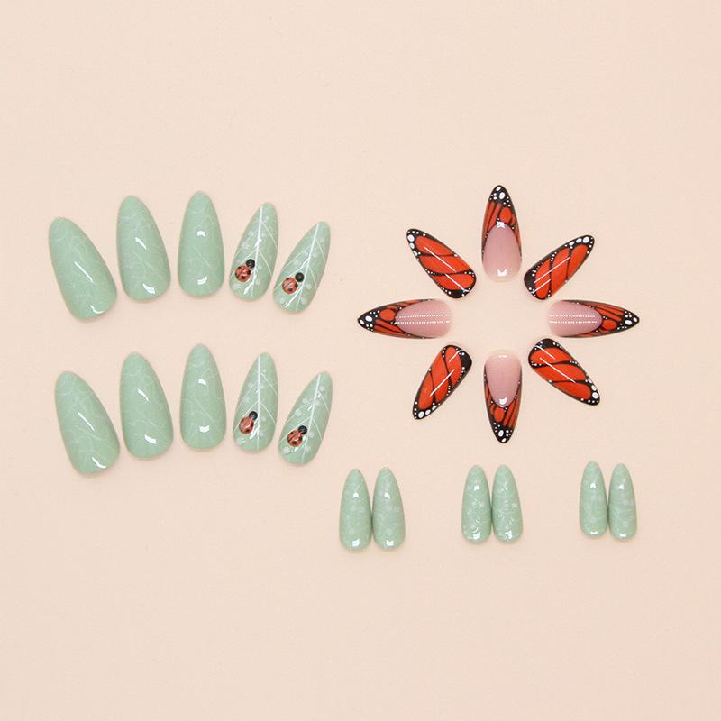 Fake Nails Green Grass Wearing Nail Pads Fake Nails Three-Dimensional Butterfly Seven Stars Ladybug Removable Nail Pads 24 Pieces