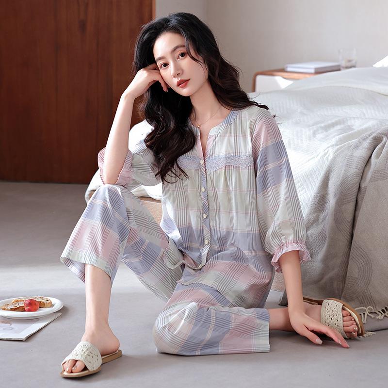 Woven cotton gauze pajamas women's summer pure cotton seven-quarter sleeves spring and summer cotton thin large-size summer loungewear set