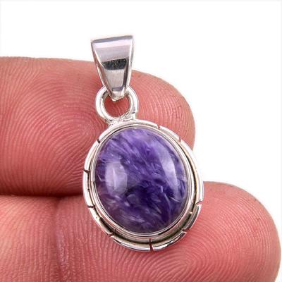 Naturalny kamień szlachetny Charoite, ręcznie wykonany wisiorek ze srebra próby 925, 1,25'' b0n13