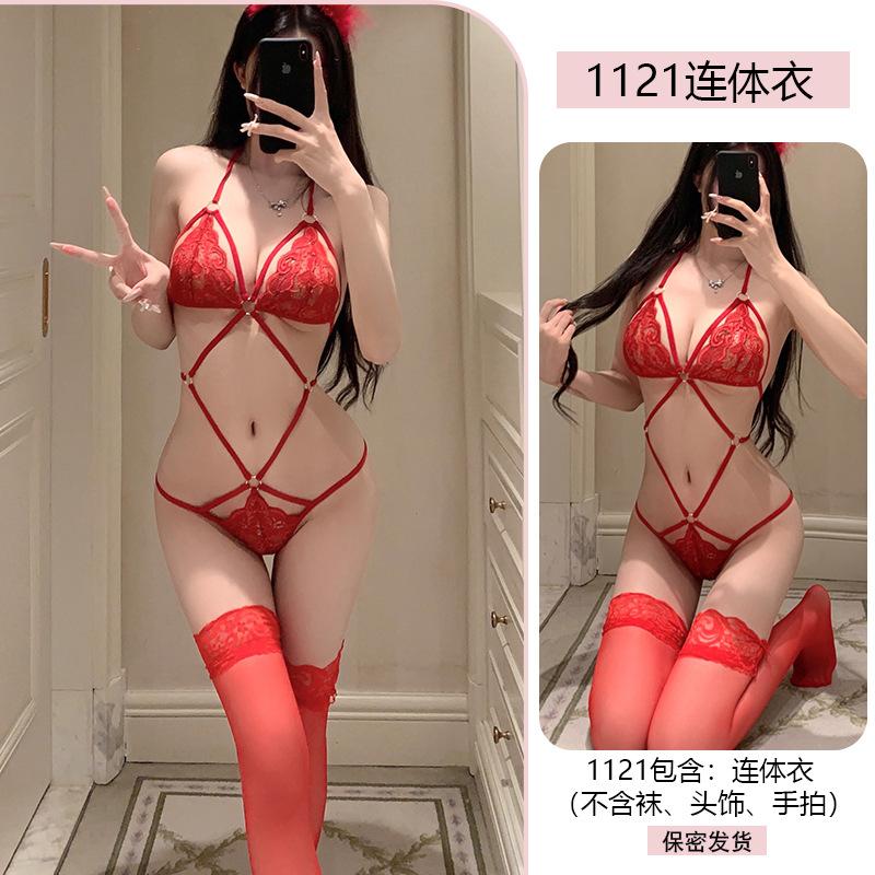 Erotic Underwear Sexy Lace Seducing Pure Desire One-piece suit Women bareback uniform Date Pajama Set 1121