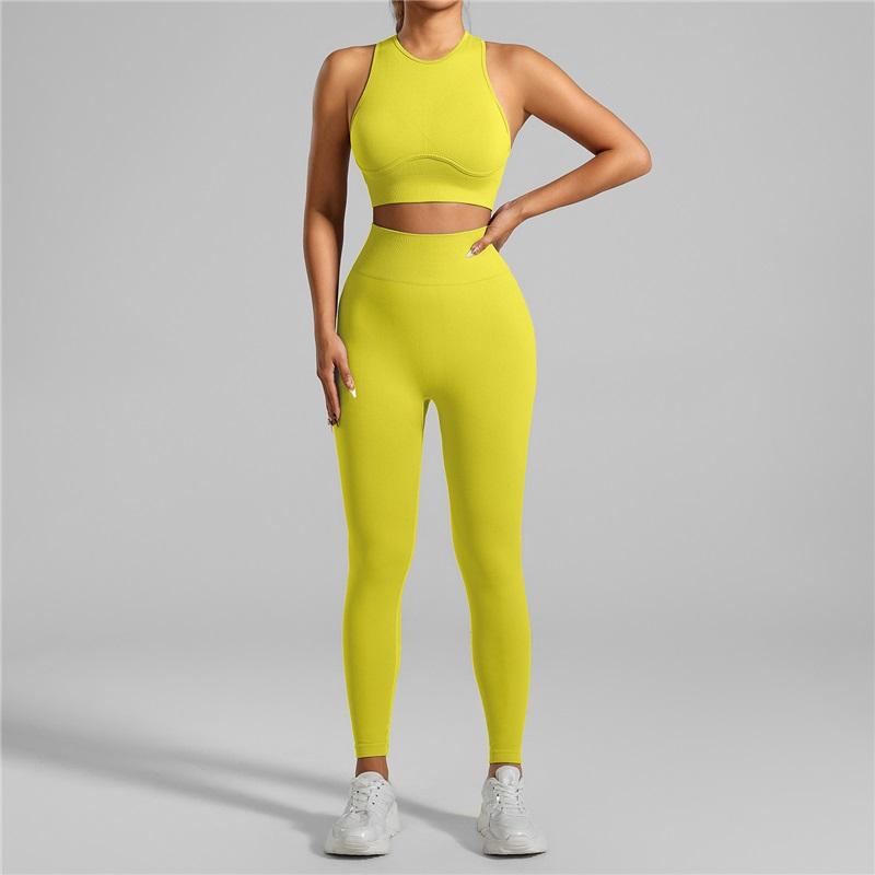 European And American Style Women's Tight-fitting Seamless Yoga Clothes 2 Piece High-intensity Running Fitness Sports Threaded Vest Trousers Suit