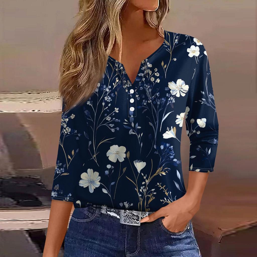 Women's T Shirt Tee Print Button 3/4 Sleeve Tunic Daily Weekend Fashion Basic V- Neck Regular Top