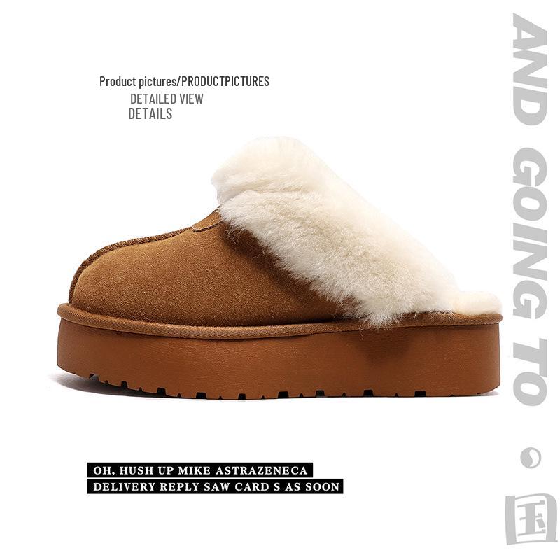 Women's Furry Leather Snow Boots - Thick Sole, Closed Toe, Non-Slip, Warm Slippers