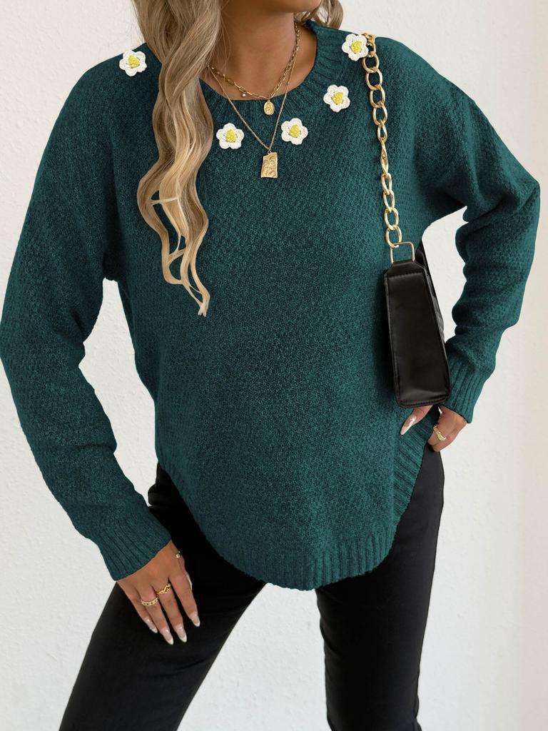New Autumn and Winter Pullover Tops for Women, Hand-hooked Flower Patchwork Round Neck Comfortable and Casual Sweater
