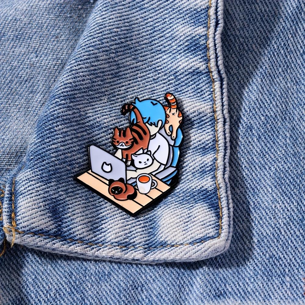 Cute Cat Elements Metal Badge - Everyday Style Enamel Buttons In Front of the Computer - Colorful Alloy Brooch for Clothing, Backpacks and Jeans