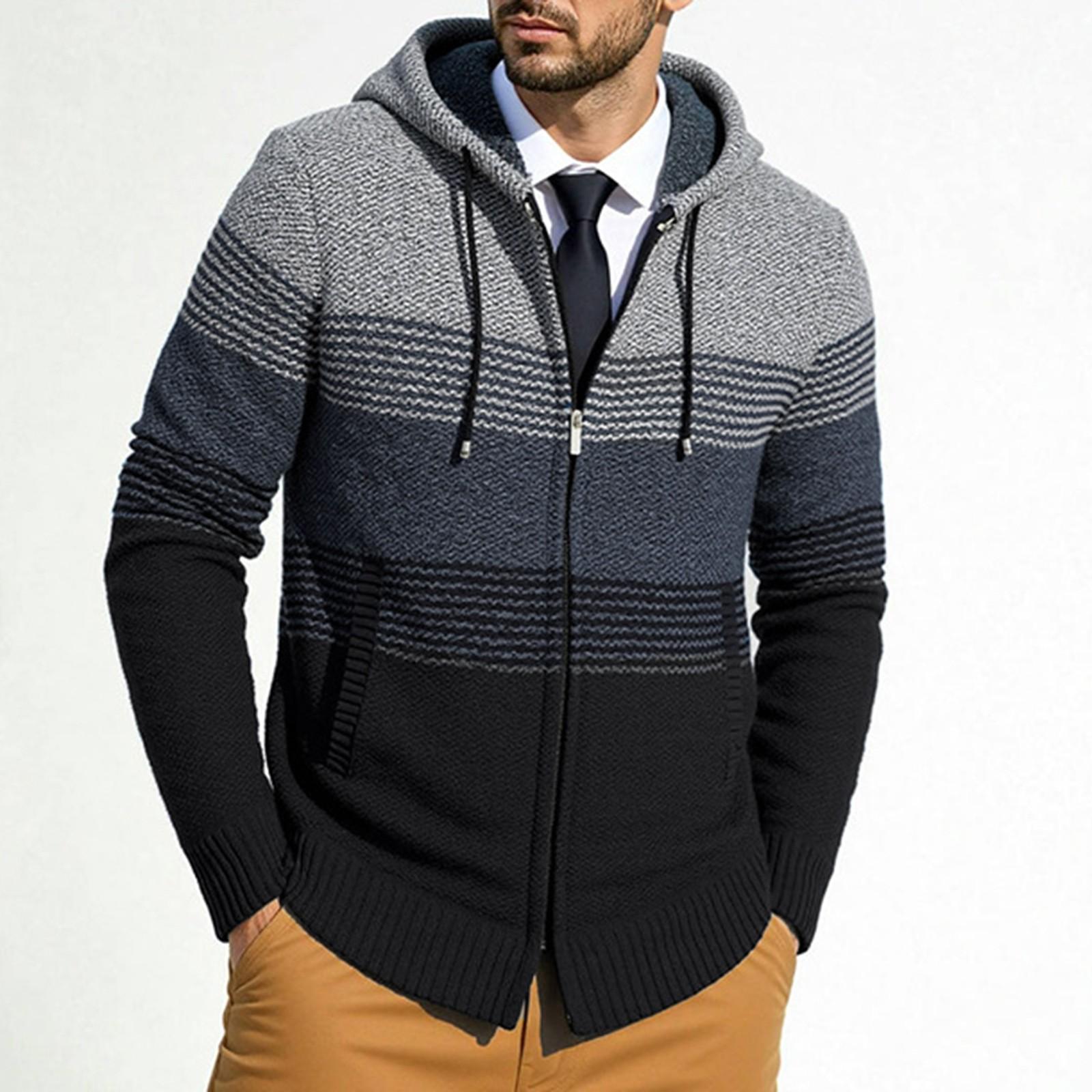

Men s Plush And Thick Color Matching Sweater Men s Clothing Jacket Hooded Cardigan M светло-серый