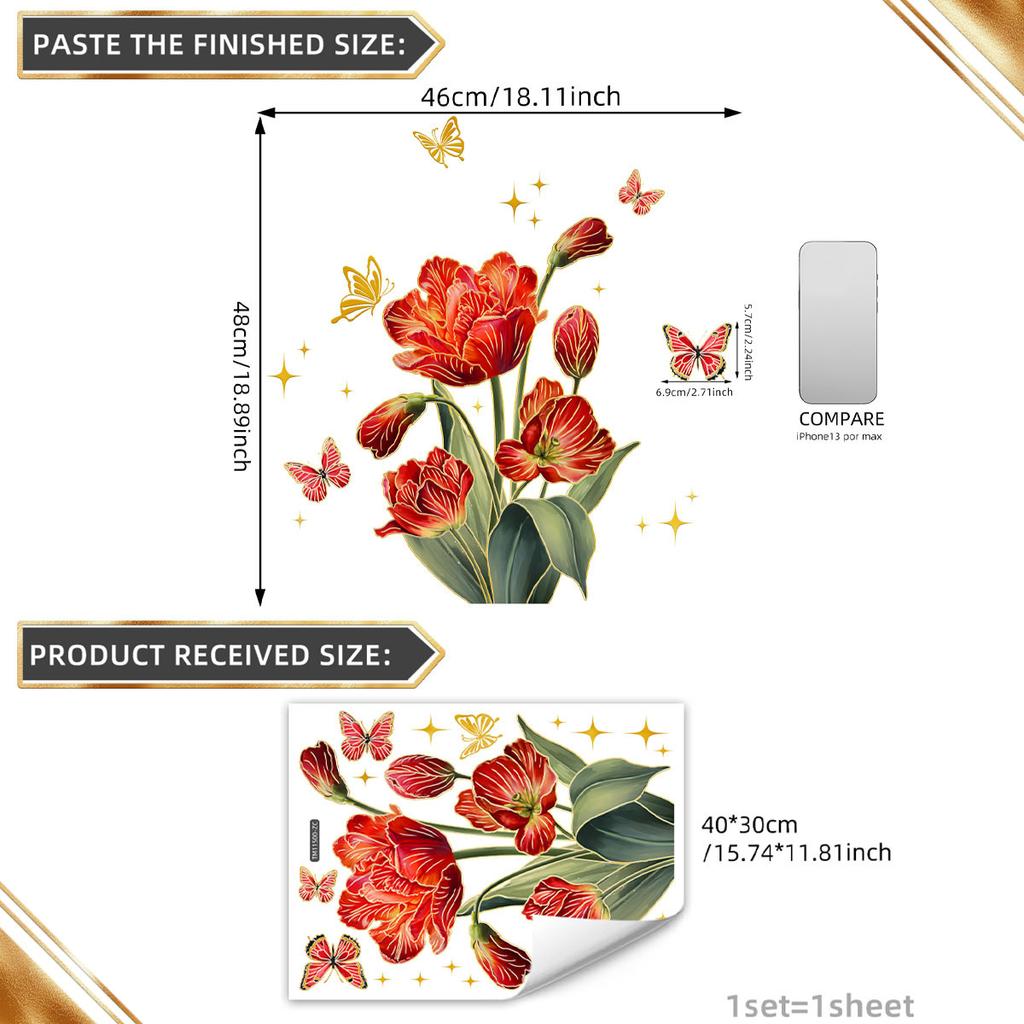 Hand-Painted Lines, Flowers, Butterflies, Bronzing Wall Stickers, Decorative Children'S Room, Bedroom Background Self-Adhesive Wall Stickers