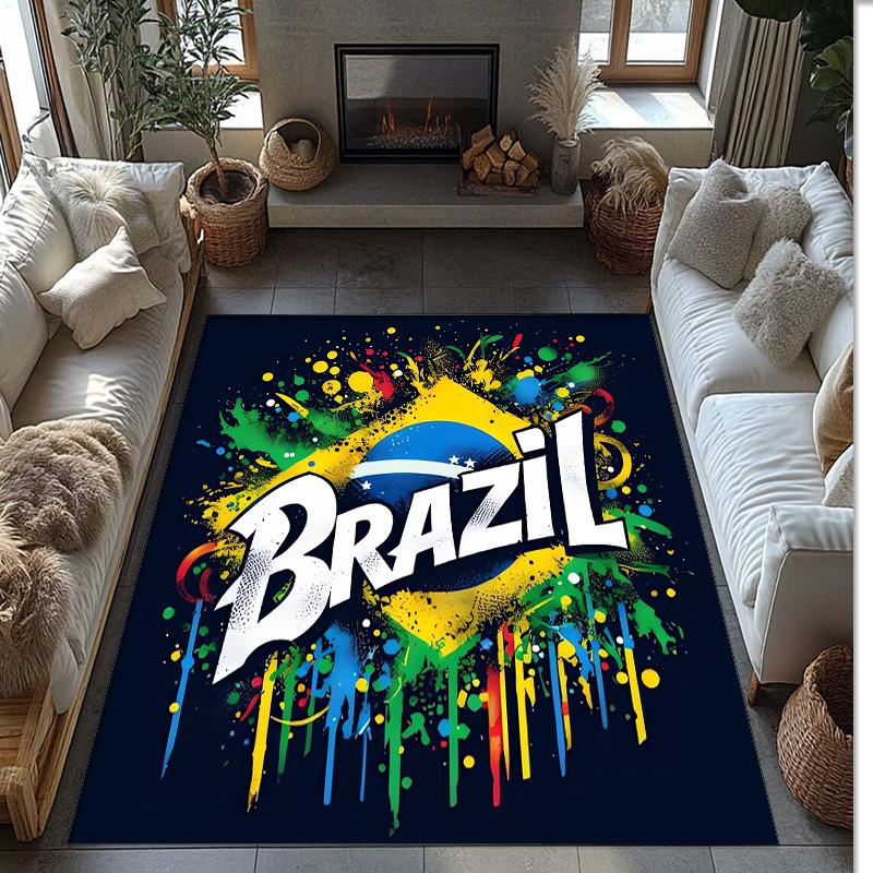 Brazil National Football Team Printed Flannel Area Rug Non Slip Soft Polyester Floor Carpet Indoor Decor Mat for Bedroom Living Room Sofa