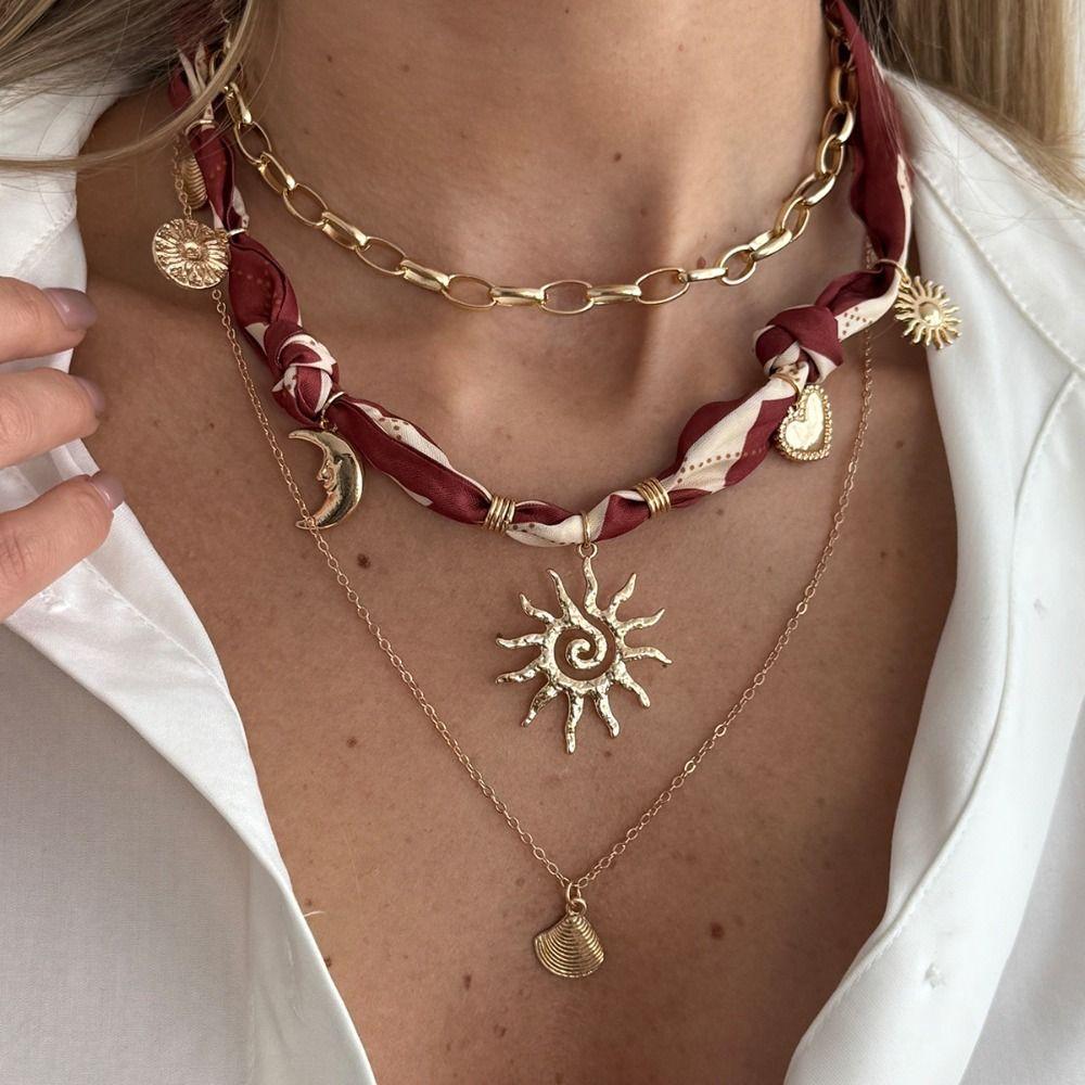 Leopard Print Scarf Necklace Sea Star Beads Chain Choker Trendy Bohemian Style Necklace  Vacation