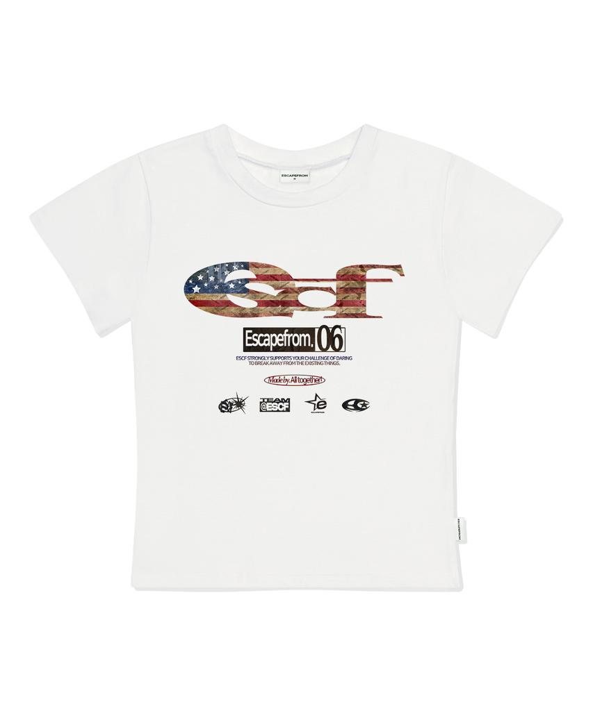 ESCAPEFROM Vintage Flag Escf Logo Collage Print Slim Fit Short Sleeve T-Shirt Ivory