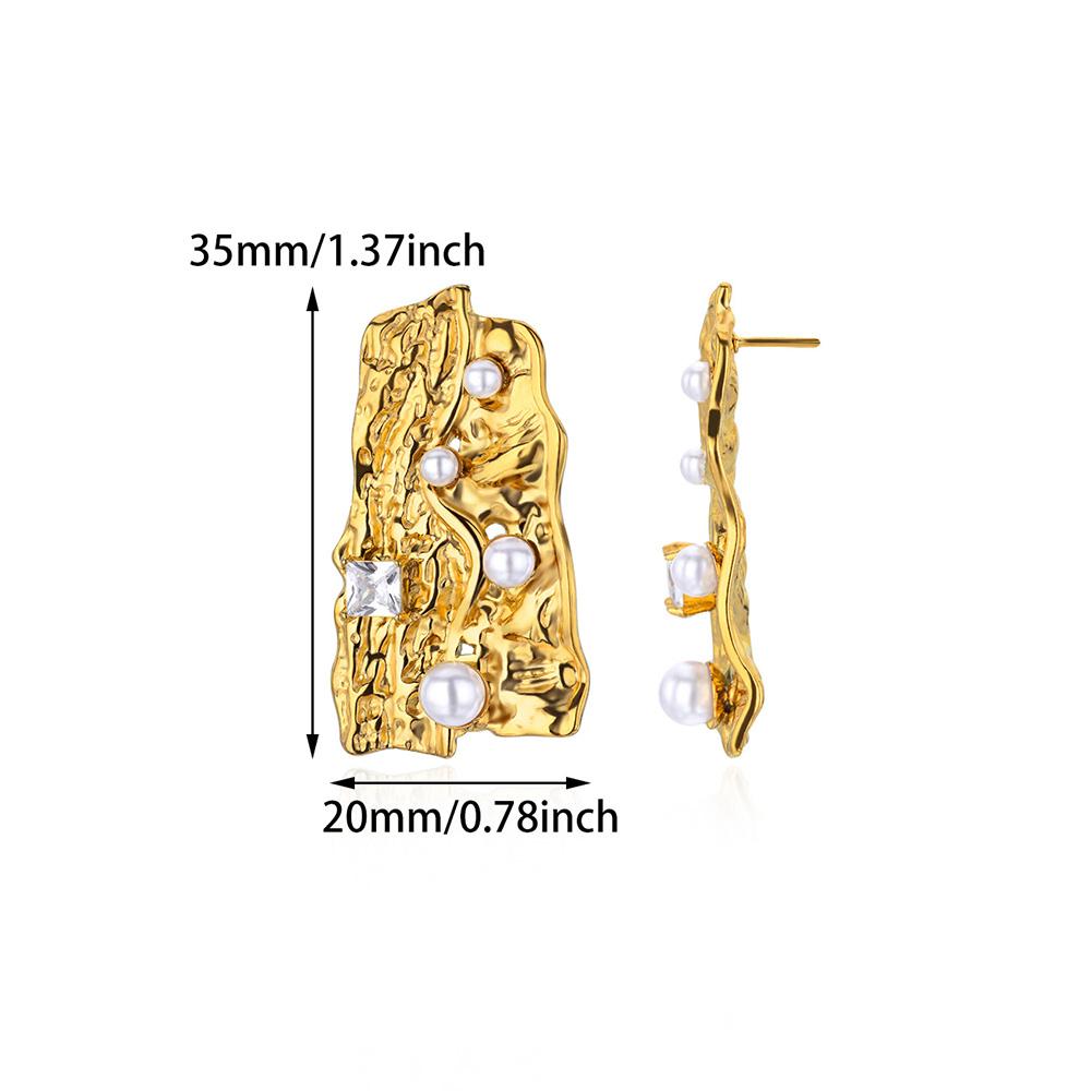 Vintage Blue Zircon Textured Stainless Steel Earrings Women 18K Gold-plated Artificial Pearl Earring Chunky Jewelry Accessories