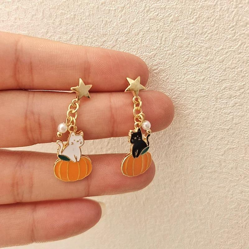 Cute Cat Pumpkin Cartoon Earrings For Women Funny Black White Kitten Fishbone Bowknot Dangle Earring Girls Christmas Party Gifts
