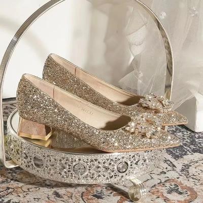 Women's Fashion Thick Heel Shoes Fall New Pointy Head Shallow Mouth Sequin Cloth Diamond-like Buckle Temperament Low Top Shoes