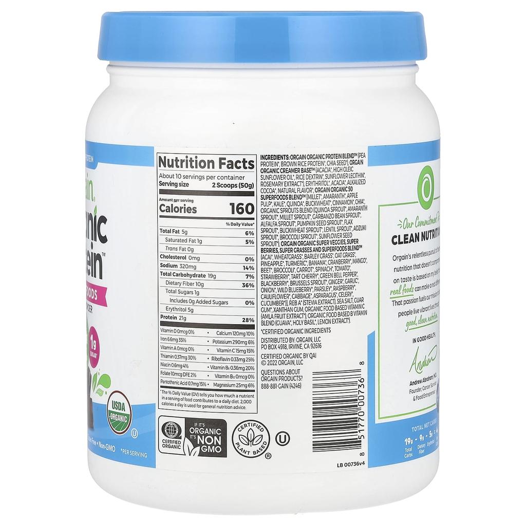 Organic Protein Powder + 50 Superfoods, Creamy Chocolate Fudge, 510G (1.12Lb)