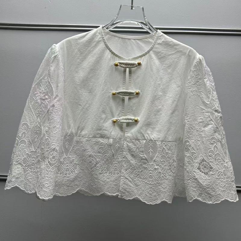 Женский французский ретро топ с коротким рукавом, кружевной, вышитый L белый