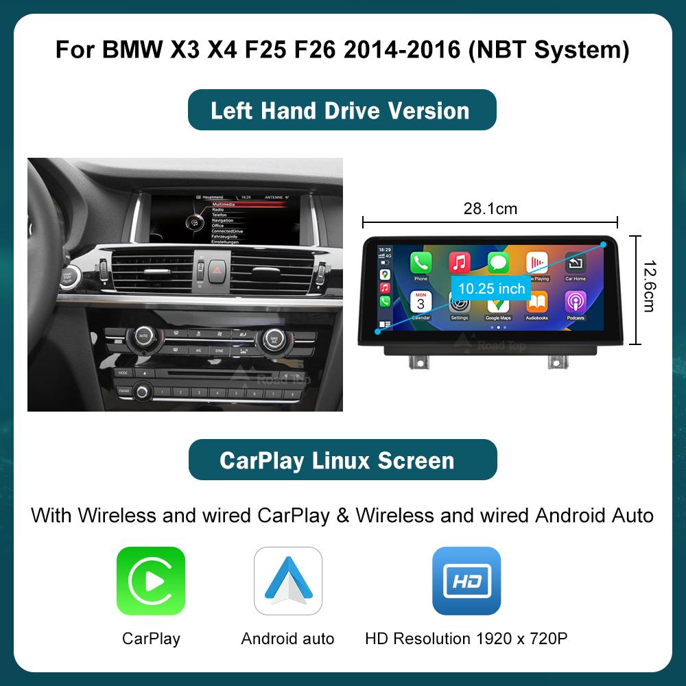 

RoadTop 12.3 Wireless Carplay Multimedia Linux Touch Screen For BMW X3 F25 X4 F26 2011-2016 CIC NBT Android auto Auto Link 10.25 NBT LHD