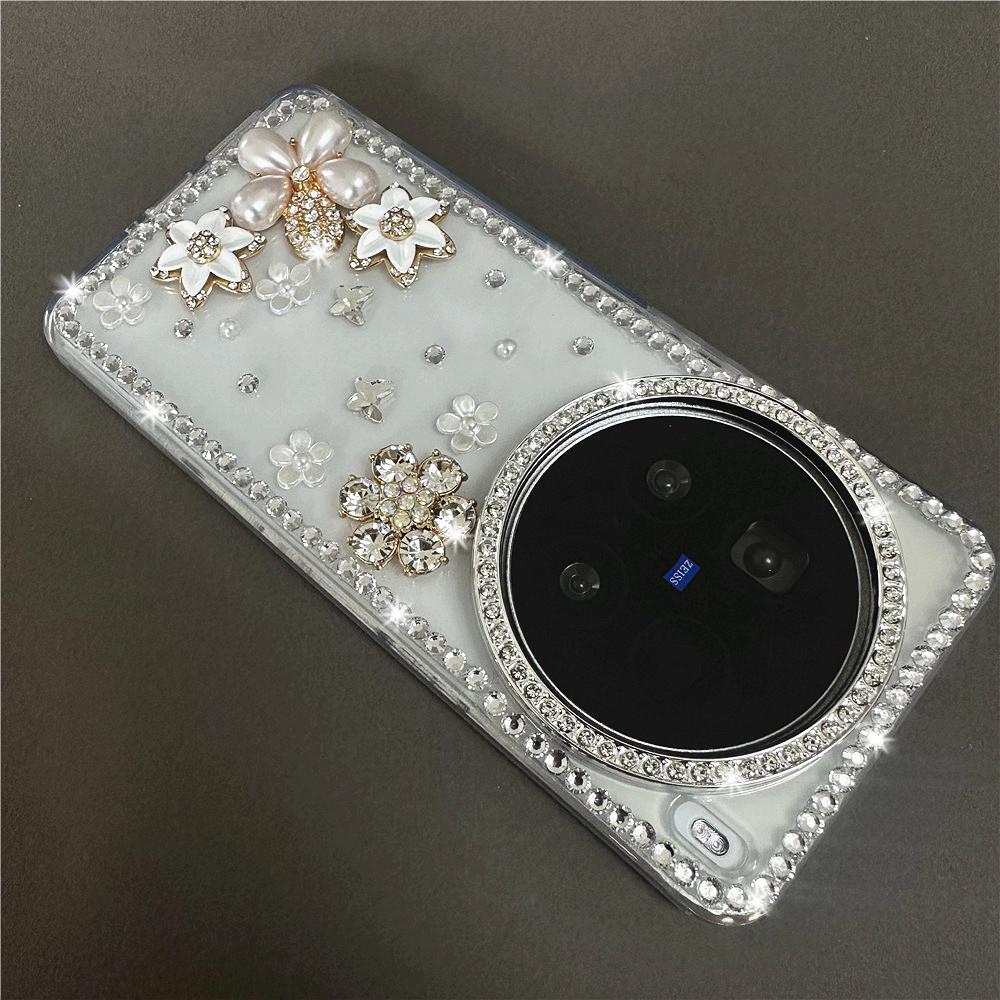 Bling Silver Diamond Case For VIVO X300 Ultra X300s X100/X200/X300 Pro X200 Ultra X200s Glitter Rhinestone Flower Clear Cover