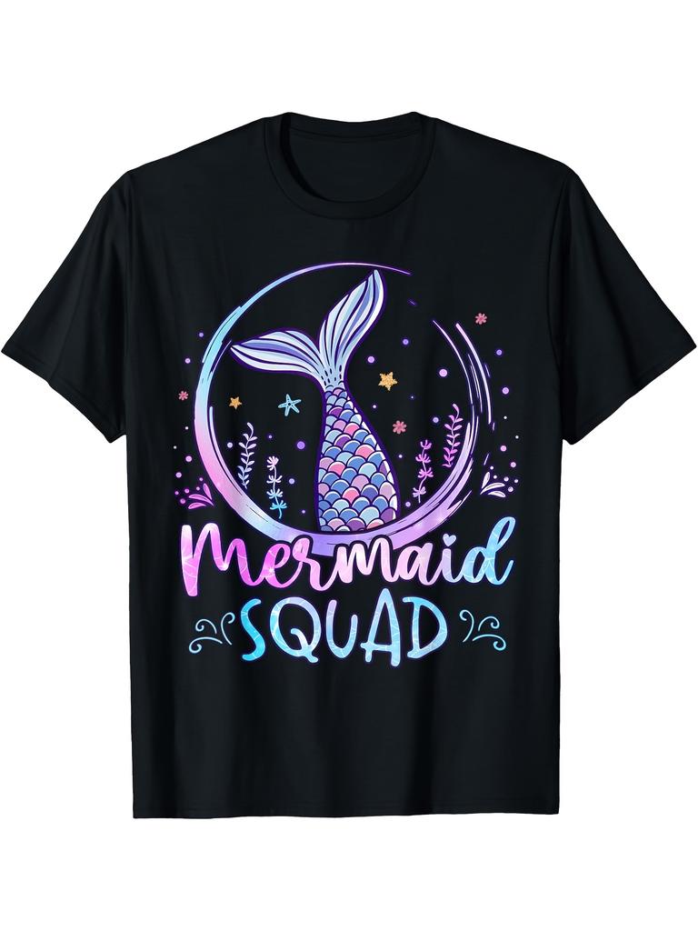 Women'S Mermaid Squad Graphic Tee - A Playful Crew Neck T-Shirt Featuring a Colorful Mermaid Design,