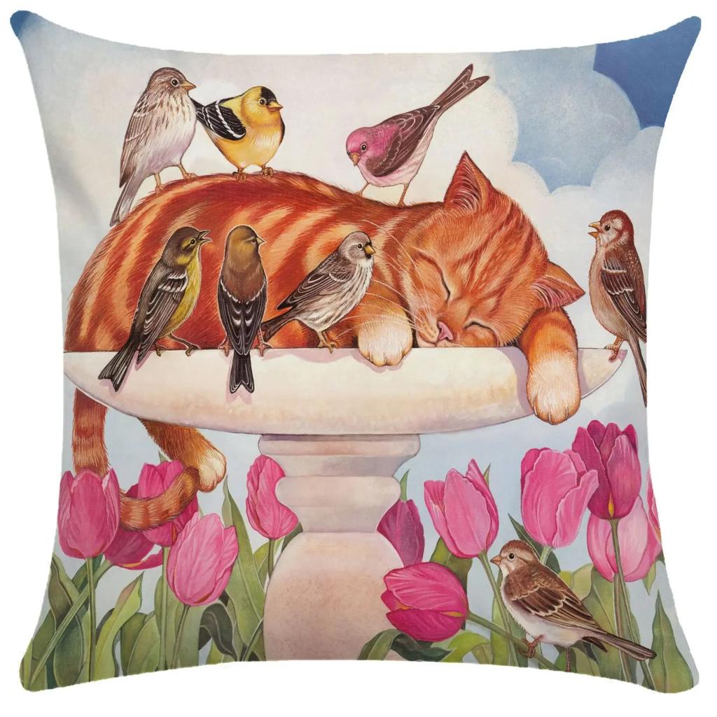 Home Decor Cute Cats & Birds Printed Pillow Covers Pattern Cushion Cover Suitable for Sofa Bedroom Car Pillow Cover