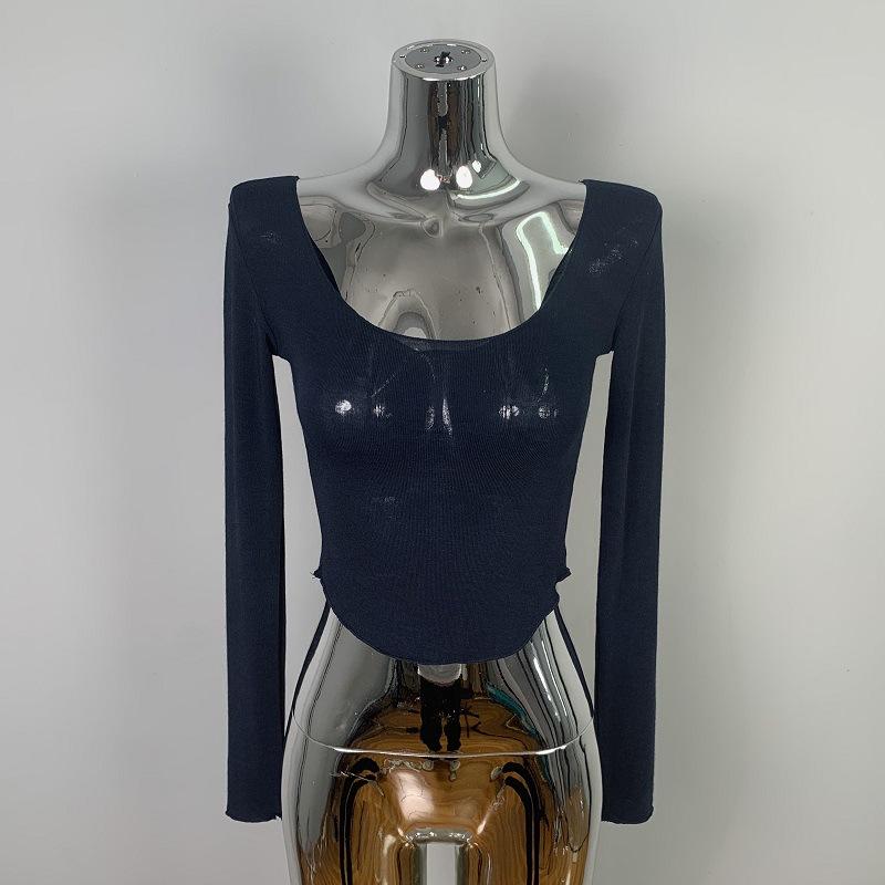 

Korean Versatile Sexy Bodycon Feminine Sheer U Neck Tight Slim Crop Long Sleeve T Shirt Top One Size темно-синий