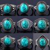 S925 Silver Vintage Ring With Natural Turquoise Stone Rings Oval and Round Shape Flower Carved Rings For Women Men