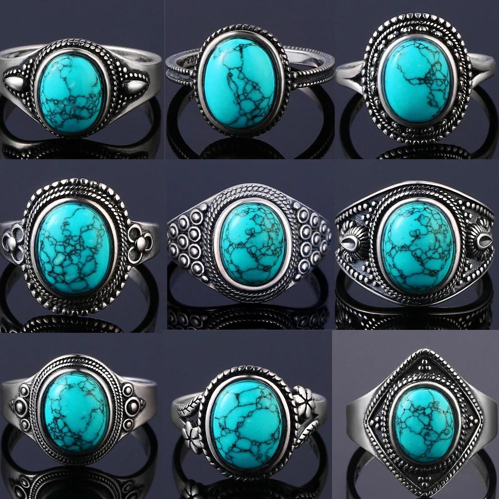 S925 Silver Vintage Ring With Natural Turquoise Stone Rings Oval and Round Shape Flower Carved Rings For Women Men