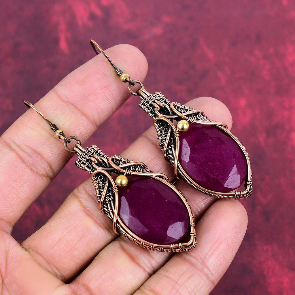 Faceted Kashmir Ruby Earring Copper Wire Wrapped Jewelry Handmade Gemstone Earring Copper Wire Wrapped Earrings Wedding Gifts Dainty Jewelry