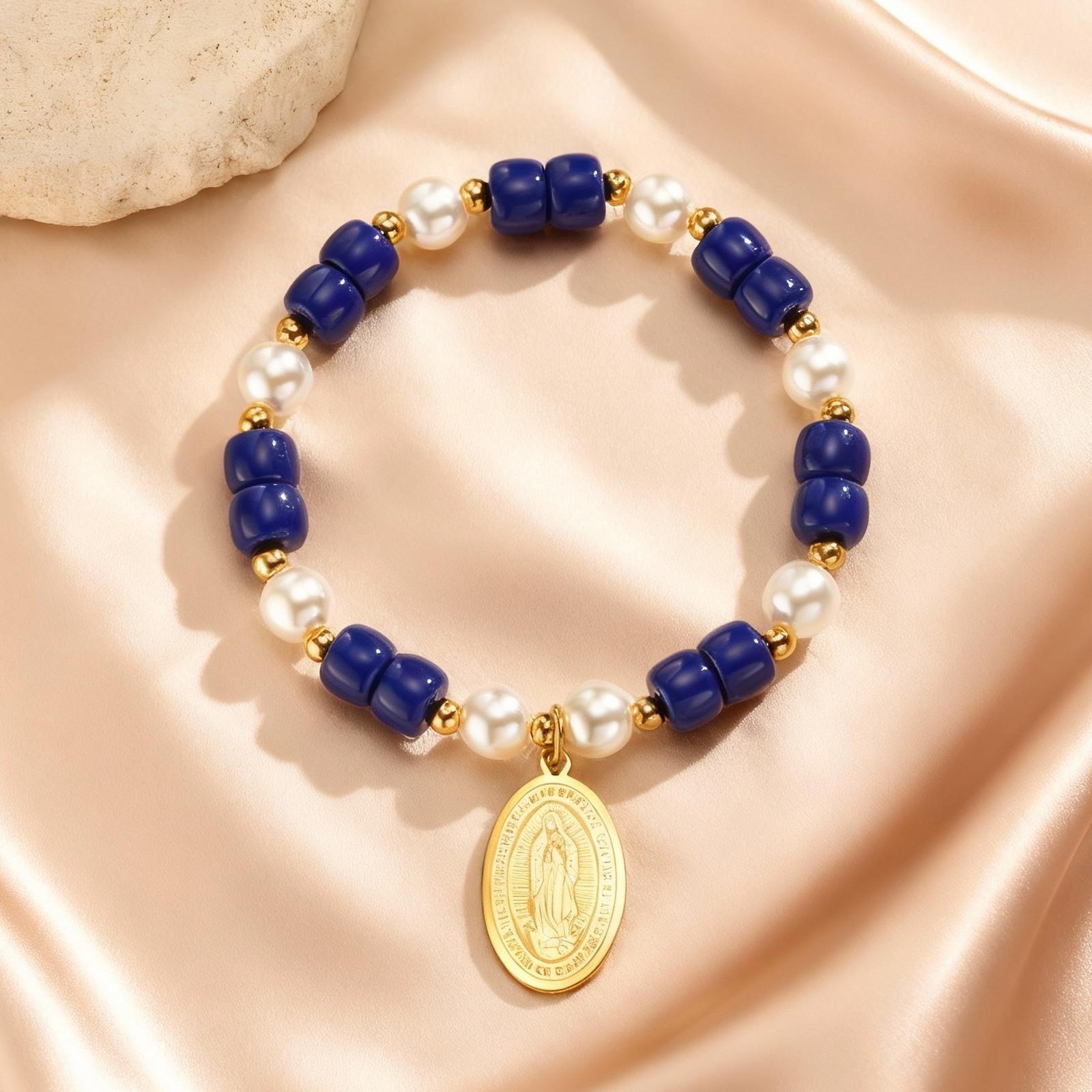 Chic Vintage Imitation Pearl Beads Stainless Steel Virgin Mary Pendant Elastic Bracelets, Religious Jewelry Birthday Gifts