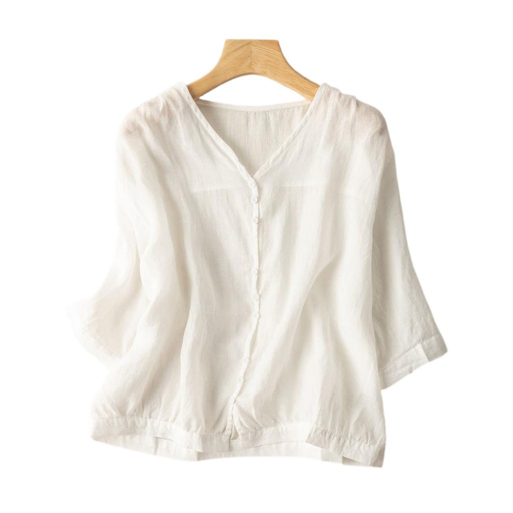 Damen Oberteil im Vintage-Stil, lockere Passform, Baumwoll-Leinen-Mischung, V-Ausschnitt, ärmellang