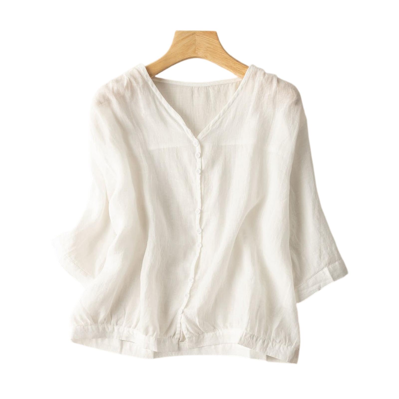 

Женский топ из смесовой хлопково-льняной ткани, свободного кроя, с V-образным вырезом и рукавами средней длины, в винтажном стиле L белый