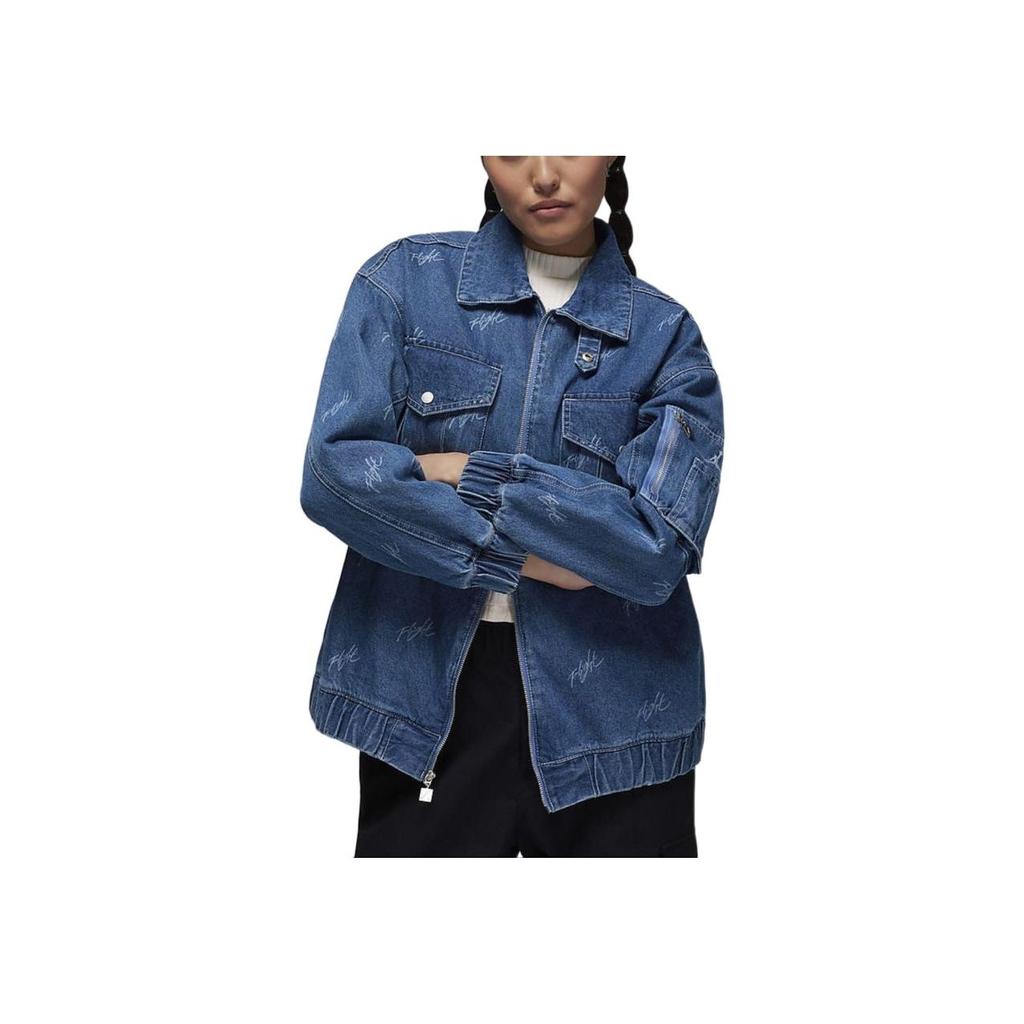 Jordan SS24 Flight Series Renegade Full Print Turn-down Collar Casual Zip Denim Jacket Women Jacket Stone-Blue FN5354-453