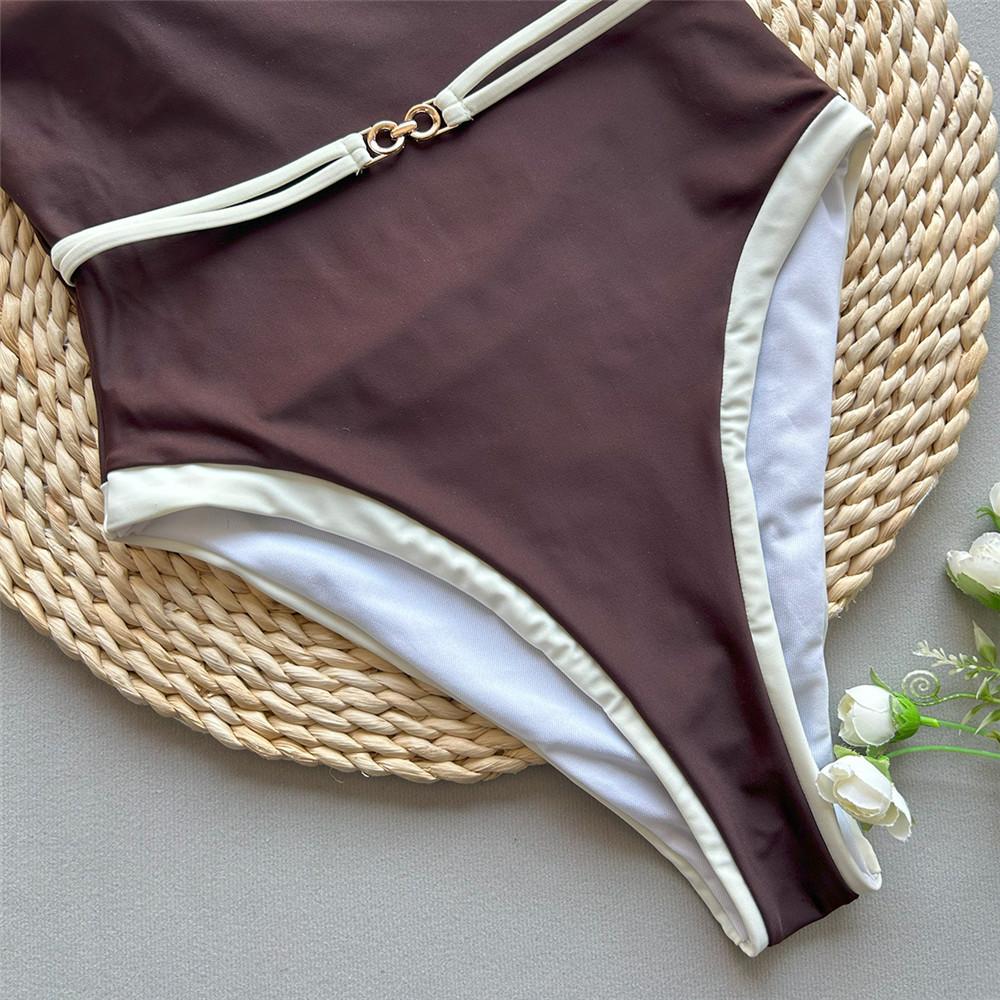 Brown Strapless Sexy Swimsuit Women One Piece Swimwear 2025 White Edge Metal Ring Belt High Cut Bathing Swimming Suit Monokini