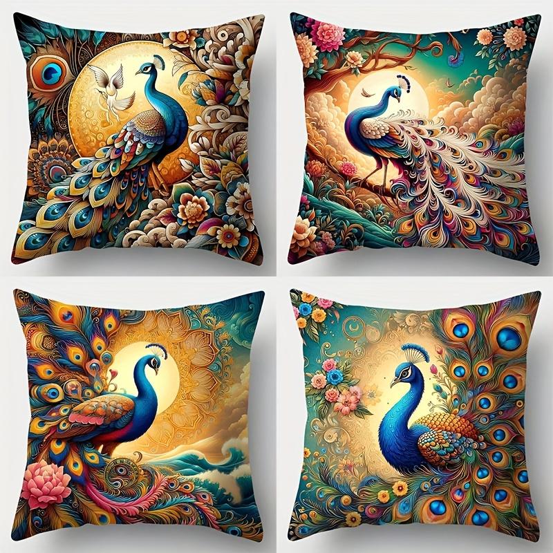 

4-piece Peacock-themed Decorative Pillowcase Set, Single-sided Print, Zipper Closure, Bedroom, Office, Car, and Home Decoration 35x35cm 4pcs