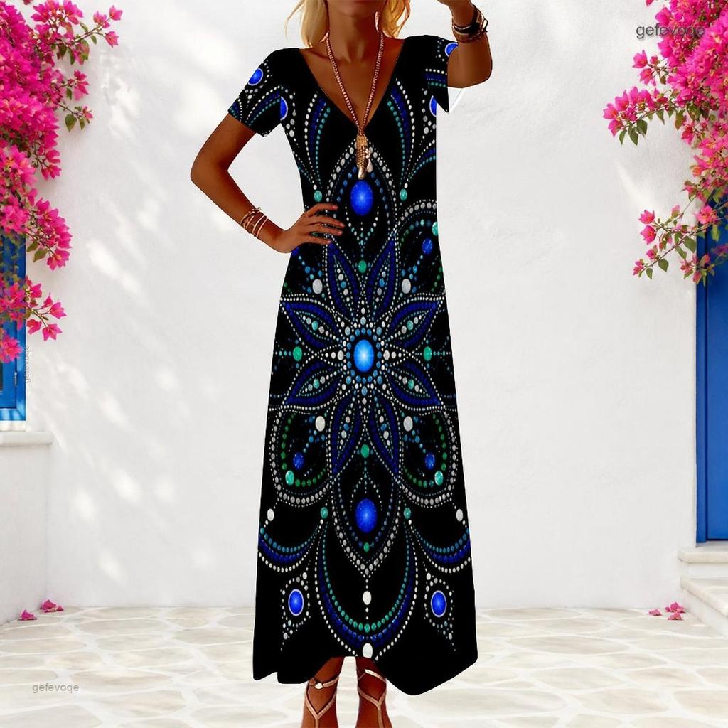 Women Plus Size V Neck Short Sleeve Floral Printed Black Long Dress