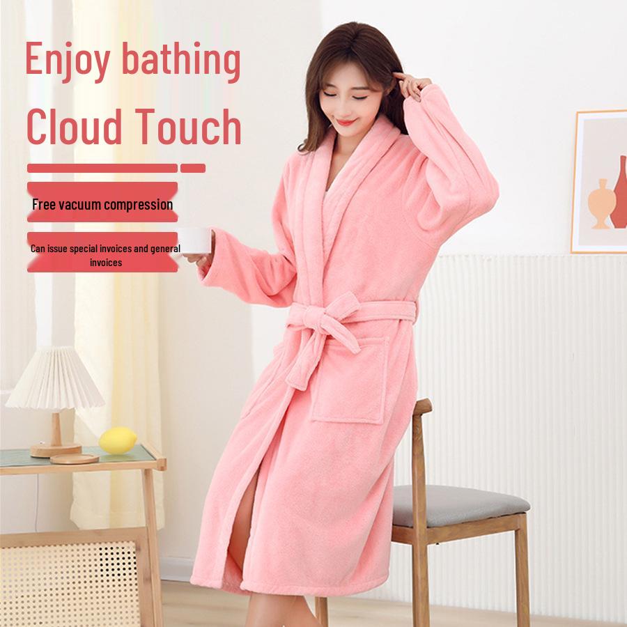 Women's Mid-Length Coral Fleece Yukata: Warm Autumn & Winter Bathrobe with Lapel