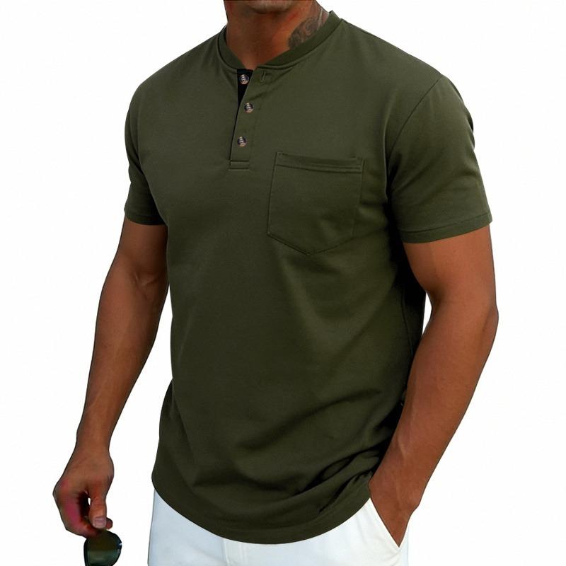 Men Henley Neck Short Sleeve T Shirt With Chest Pocket Casual Solid Color Tops