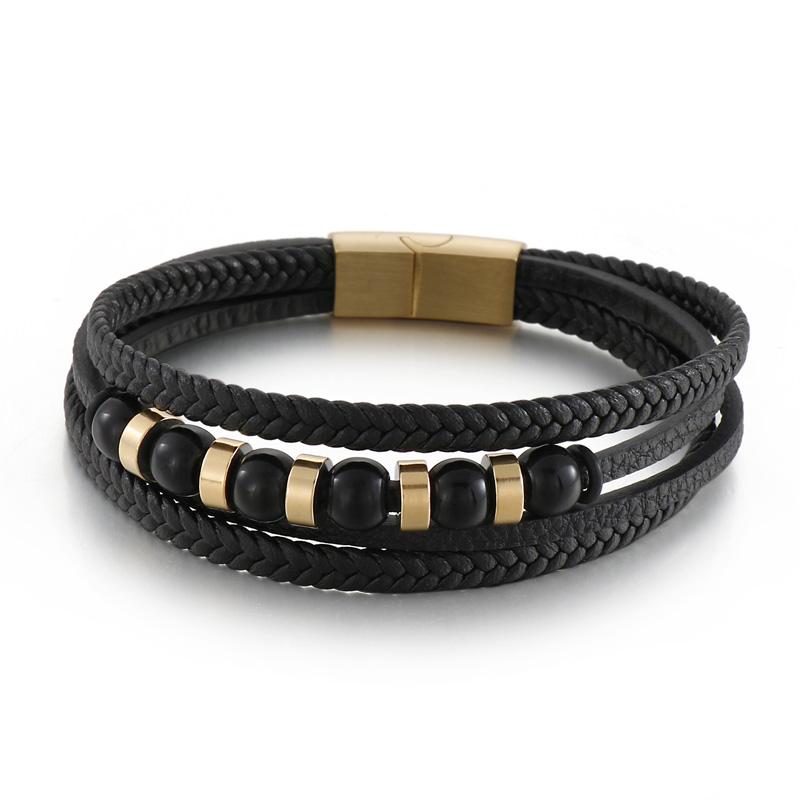 KALEN Men Casual 210mm Braided Leather Bracelet With Stainless Steel Beads 21cm&Causal