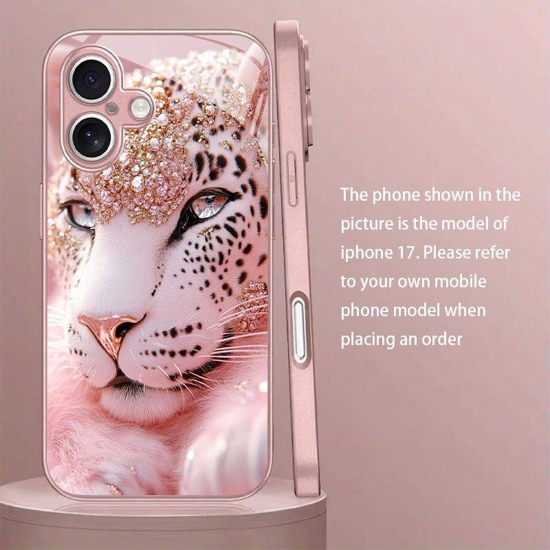 Cute Crystal Leopard Pink Metallic Tempered Glass Phone Case For iPhone 11 12 13 14 15 16 17 Pro Max 15 14 Plus 17 Air 17E Cover
