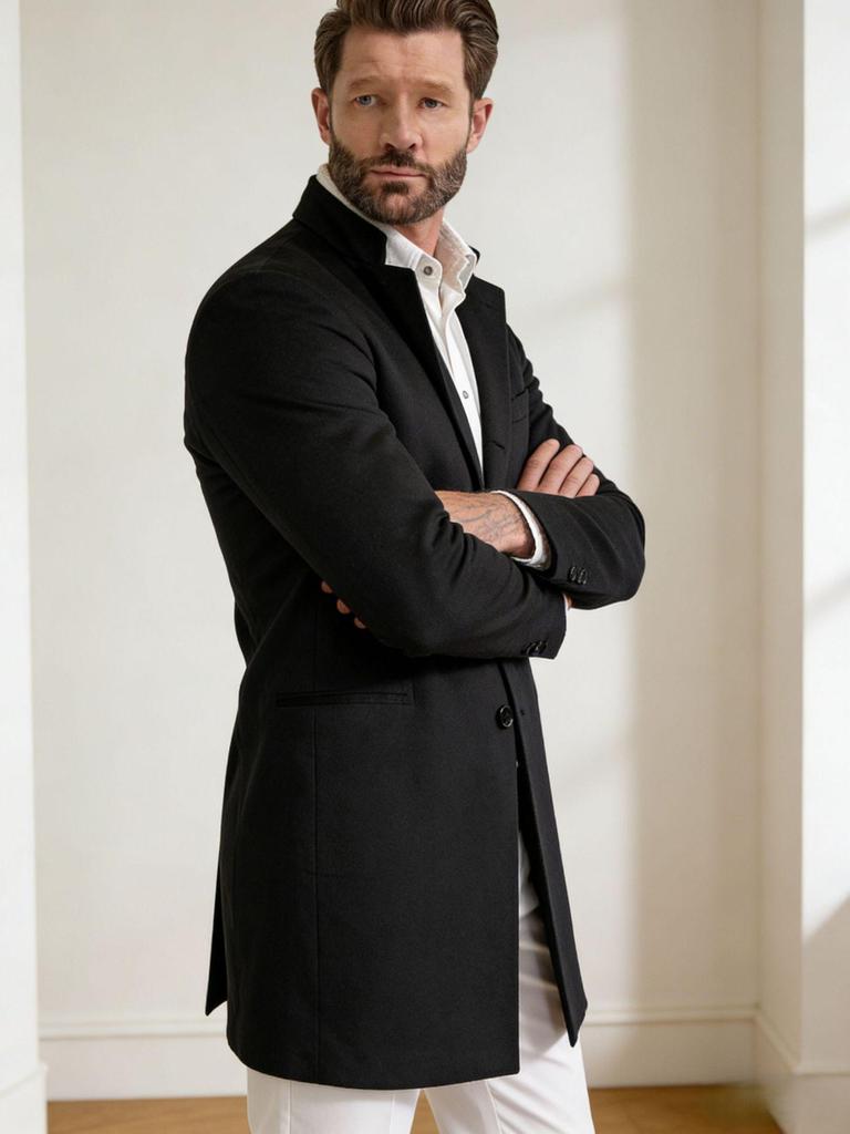 2025 European Men's Woolen Mid-Length Single-Breasted Fashion Overcoat