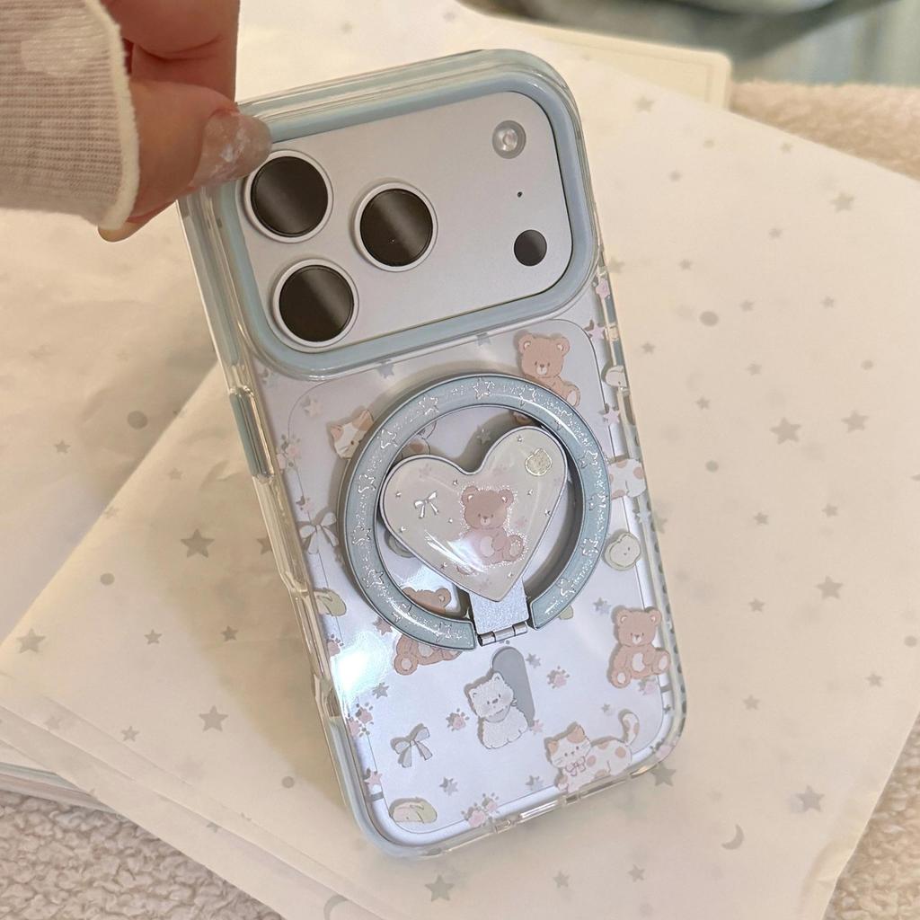Cute Bear Magnetic Heart-Shaped Phone Case for iPhone 16, iPhone 17, and iPhone 17 Pro Max