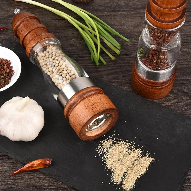 1/2Pcs Manual Pepper Salt Mill, Solid Wood + Acrylic Spice Grinder Shaker with Ceramic Core - Kitchen Tools