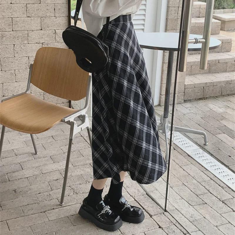 Dámská vlněná kostkovaná sukně střední délky - Elastický pas, Retro britský A-liniový styl na podzim a zimu
