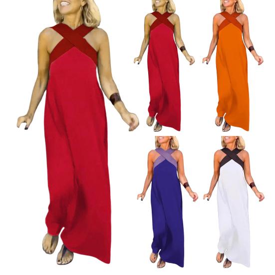 Abito da donna con scollo all'americana incrociato, senza maniche, estivo, sexy, senza schiena, linea ad A, lungo, con spalle scoperte, boho, lungo