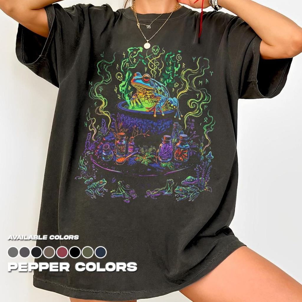 Comfort Colors Hexenkessel Hüpfer Frosch T-Shirt, Dark Fantasy 90er Grafik T-Shirt