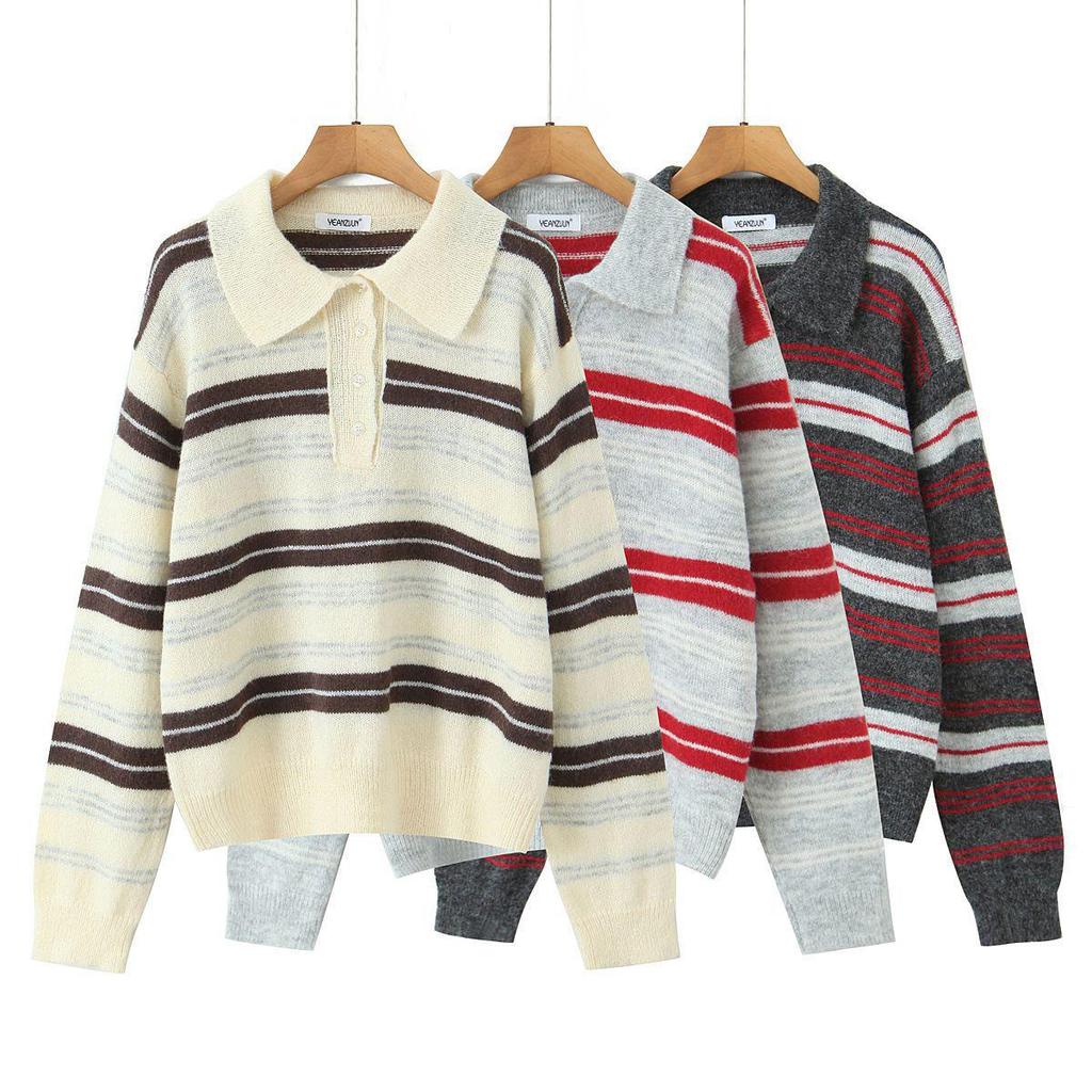 MIU Style Striped Lapel Women’s Autumn Knit Polo Sweater Retro Loose Fit