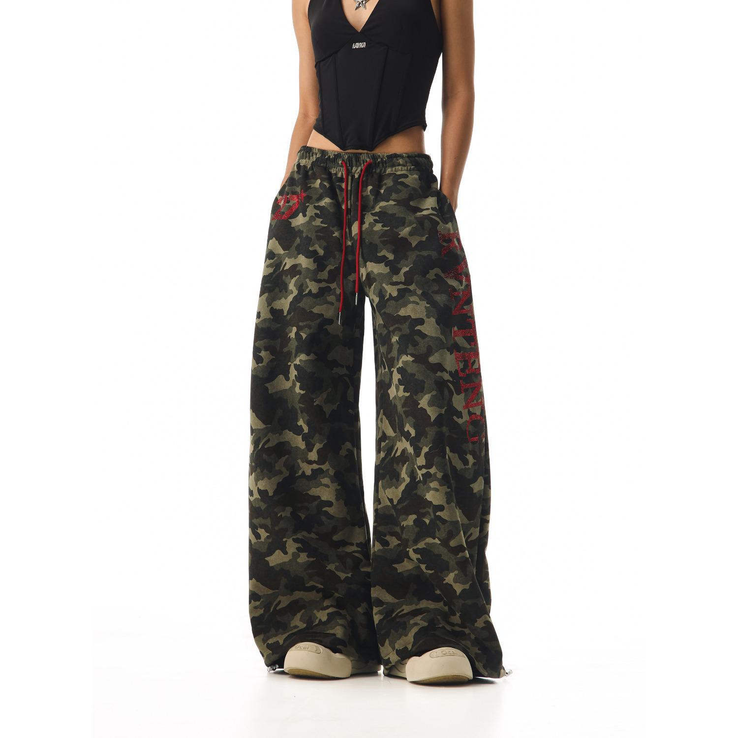 Unisex Retro Letter Rhinestone Camouflage Wide-Leg Jazz Dance Pants M